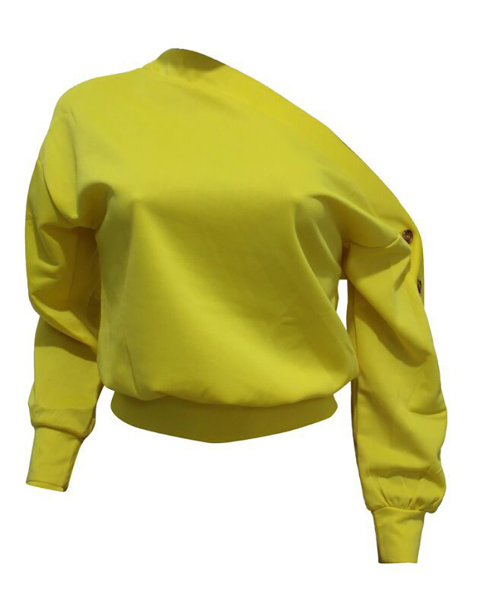 Casual Women Solid Color Long Sleeve Slash Neck Button Sleeve Sweatshirts Tops White Yellow Black Wine Red S-2XL