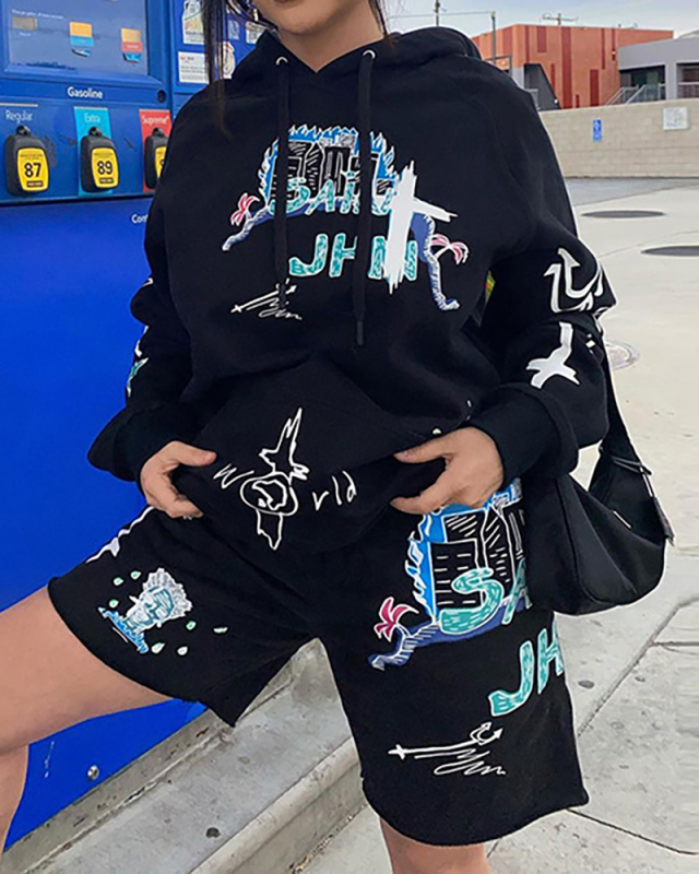 Street Style Long Sleeve Women Loose Hoodies Tops Casual Short Sets Two Pieces Outfit S-2XL