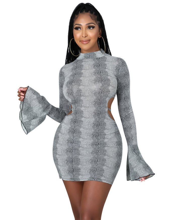 Flare Sleeve Printed Short Mini Dress S-XXL