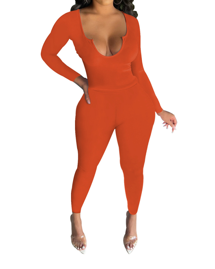 Hot Sale Deep V Neck Long Sleeve Solid Color Pants Sets Two Pieces Outfit White Orange Red Black Khaki S-2XL