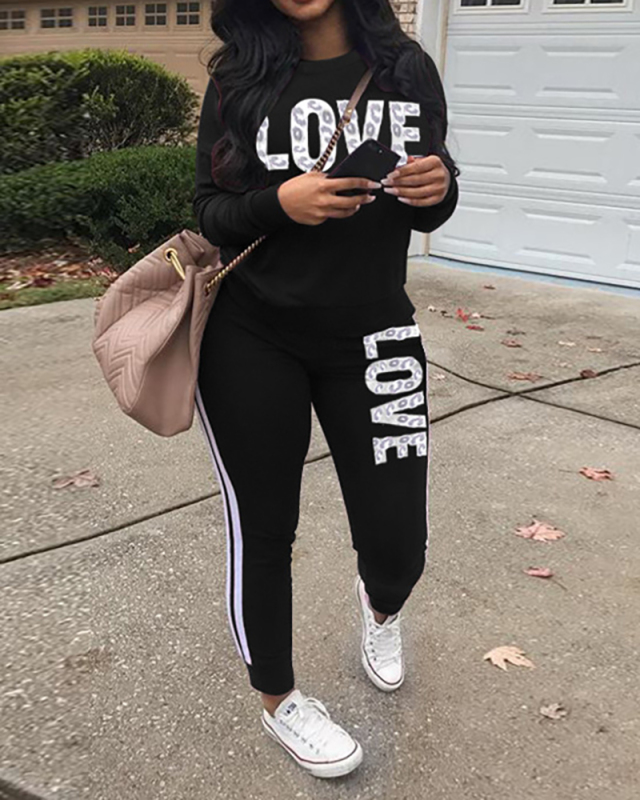 Ladies Fashion Simple Casual Letters Leopard Print Sports Two-Piece Suit S-XXXL