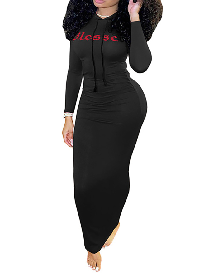 New Women Casual Long Sleeve Letters Printed Hoodies Maxi Dresses Gray Red Black S-2XL