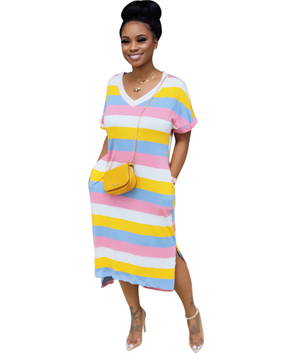 Short Sleeve Rainbow Causal Dress