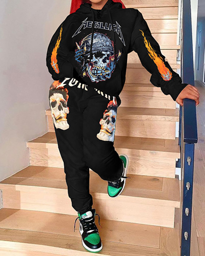Street Style Women Skull Printing Long Sleeve Hoodies Tops Loose Pants Sets Two Pieces Outfit S-2XL