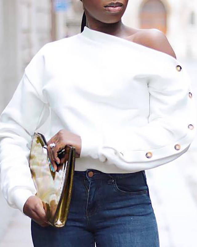 Casual Women Solid Color Long Sleeve Slash Neck Button Sleeve Sweatshirts Tops White Yellow Black Wine Red S-2XL
