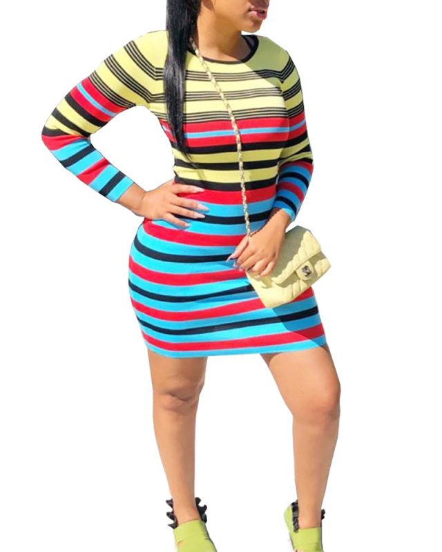 Sexy Colorful Horizontal Striped Dress Round Neck Casual Dress S-2XL