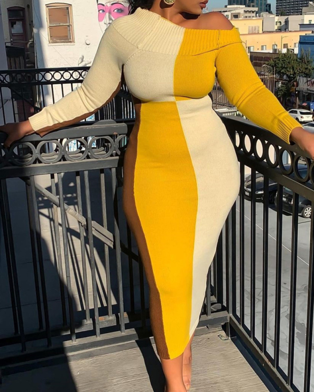 Colorblock Sexy Slim Dress with Loose Collar Sheath Dress S-XL