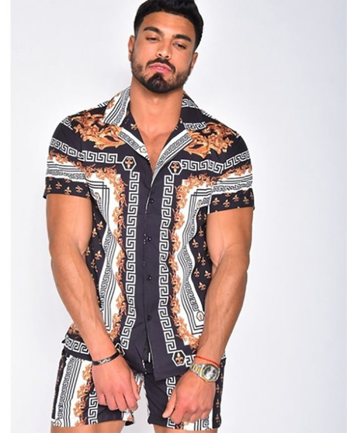 Men Hawaiian Printing Summer Short Sleeve Button Shirt Beach Shorts Two Piece S-3XL