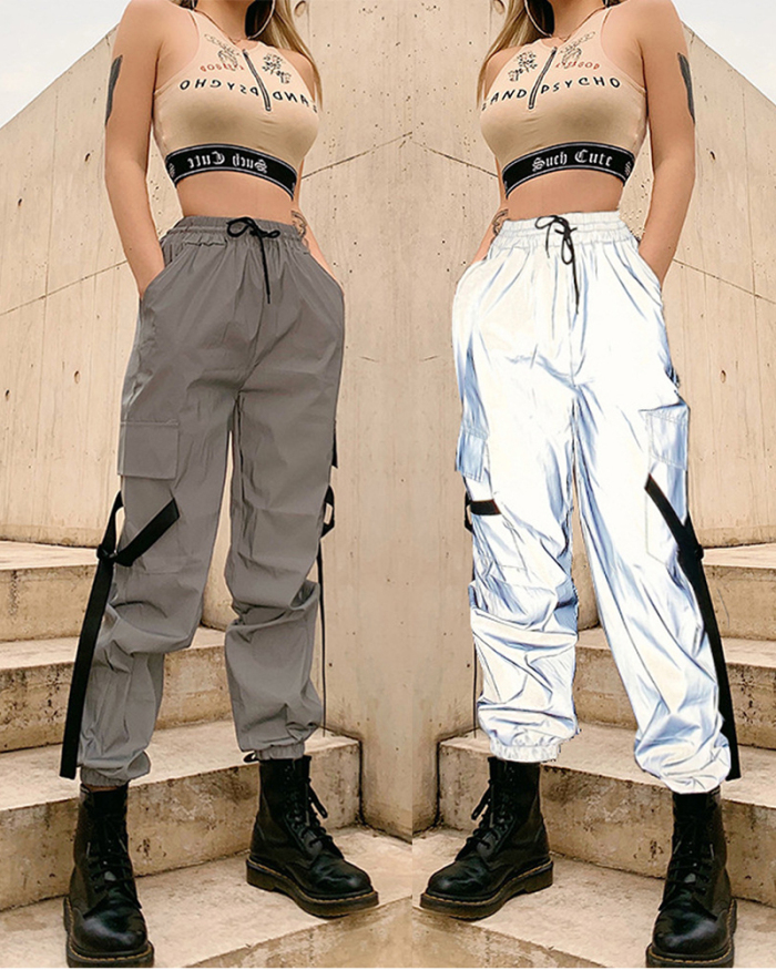 Fashion Luminous Women Big Pocket Pants Trousers S-3XL