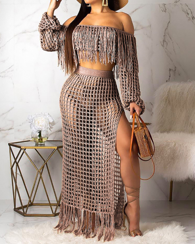 Ladies Fashion New Hollow Sexy Mesh Tassel Perspective Two-Piece Suit Solid Color S-XXXL
