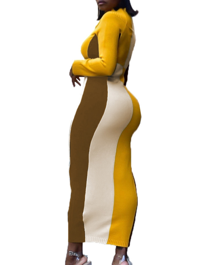 Colorblock Sexy Slim Dress with Loose Collar Sheath Dress S-XL
