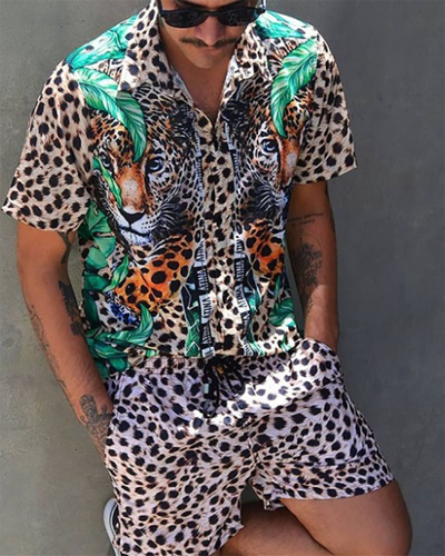 Men Hawaiian Printing Summer Short Sleeve Button Shirt Beach Shorts Two Piece S-3XL