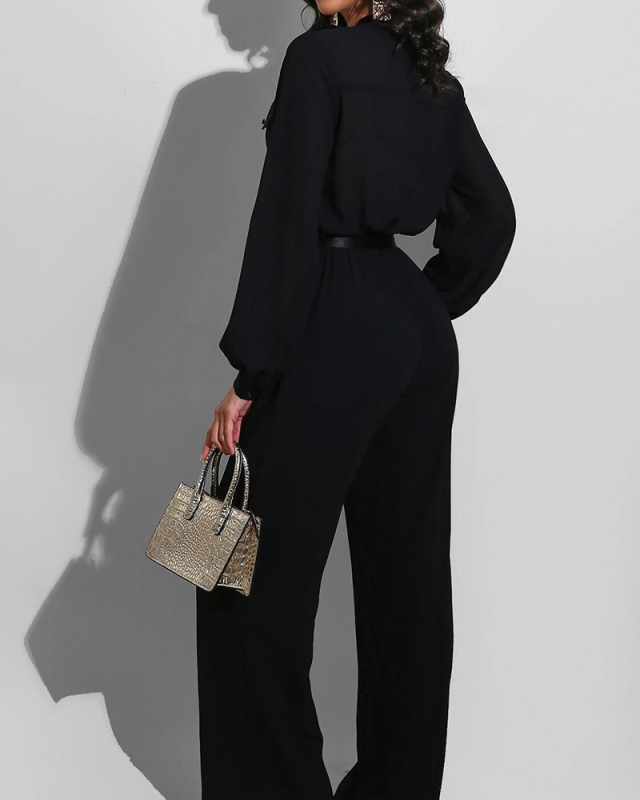 Lady Solid Color Casual Long Sleeve Jumpsuit Black Orange Blue Rose Red S-2XL