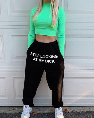 Women Fashion Letters Printed Casual High Waist Sports Pants S-3XL