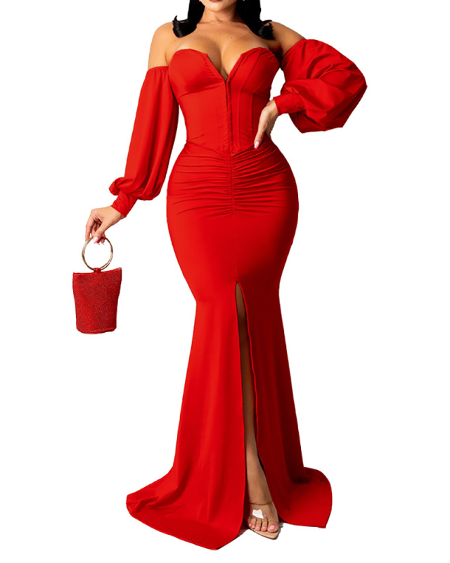 Lady Sexy Solid Color Strapless High Split Party One Piece Dress Yellow Red Black S-2XL 