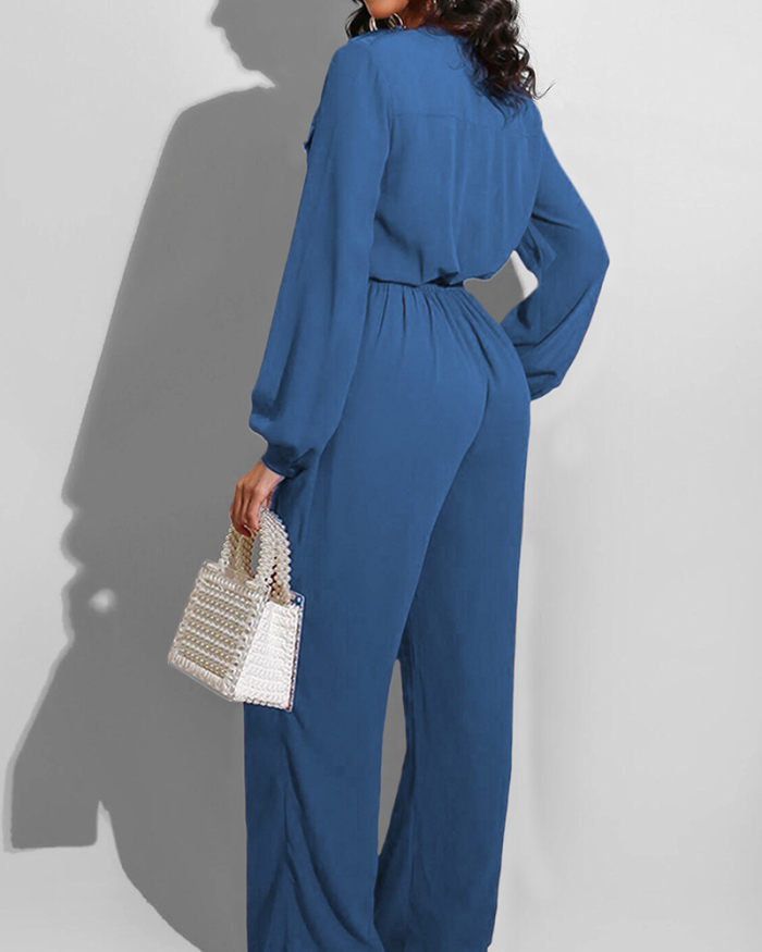 Lady Solid Color Casual Long Sleeve Jumpsuit Black Orange Blue Rose Red S-2XL