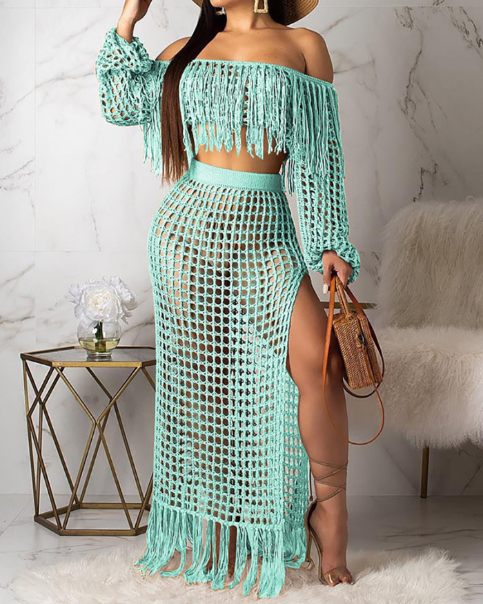 Ladies Fashion New Hollow Sexy Mesh Tassel Perspective Two-Piece Suit Solid Color S-XXXL