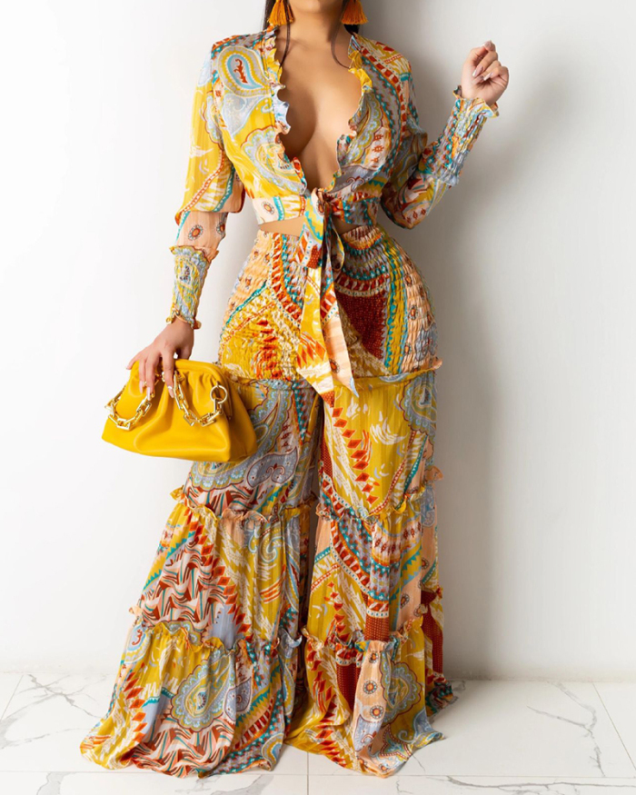 Lady Printing Plunge Deep V Casual Two Piece Set Yellow Red Blue S-2XL 