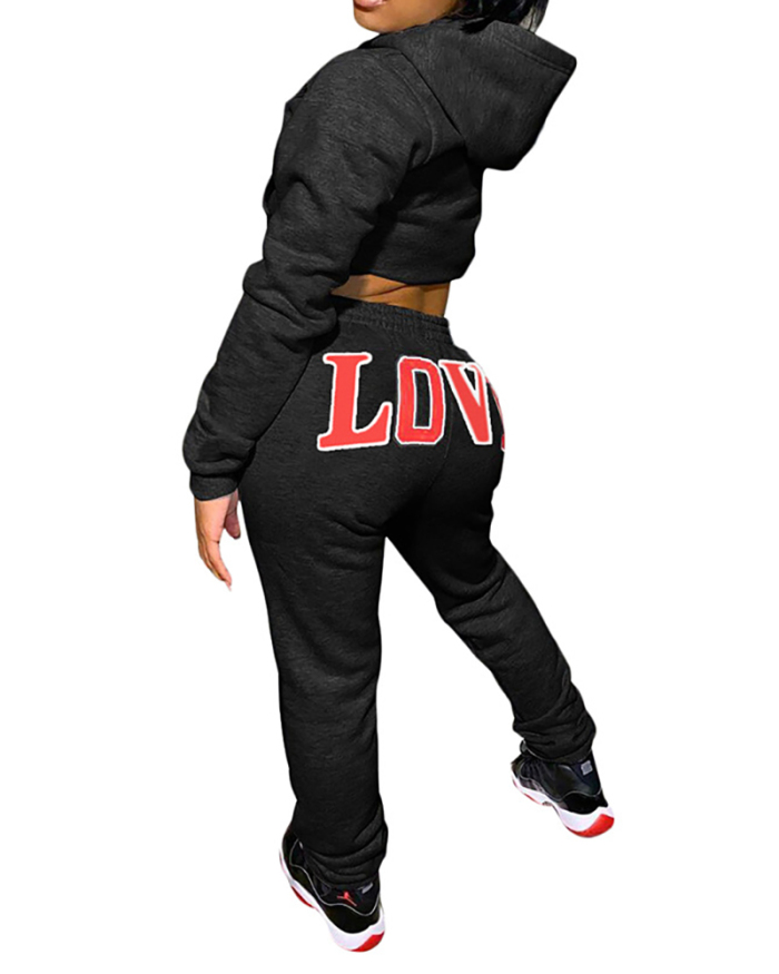 Ladies Fashion New Sweater Sports LOVE Letter Printing Two-Piece Suit Solid Color S-XXL