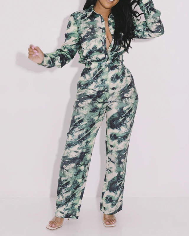 Lady Printing Casual Street Style Jumpsuit Green S-2XL 