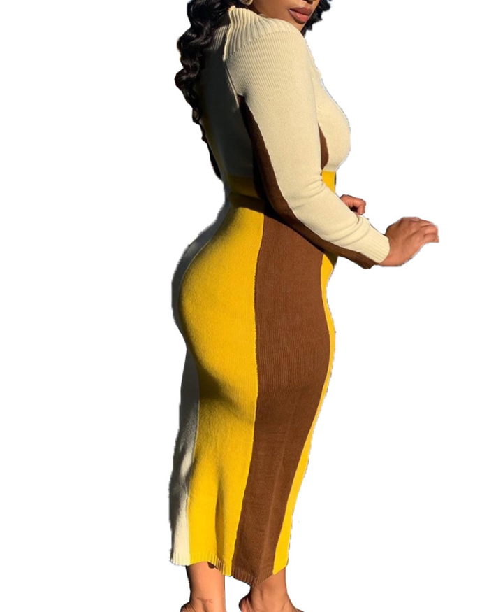 Colorblock Sexy Slim Dress with Loose Collar Sheath Dress S-XL