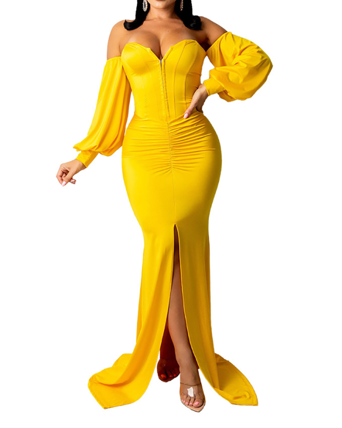Lady Sexy Solid Color Strapless High Split Party One Piece Dress Yellow Red Black S-2XL 