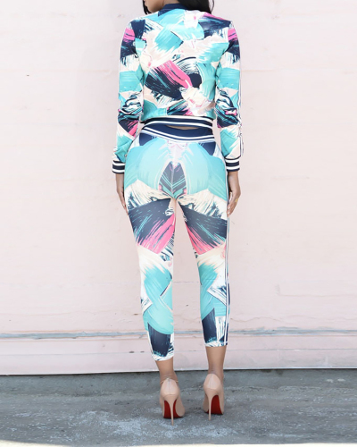Ladies Fashion New Product Leisure Digital Geometric Printing Color Sports Two-Piece Suit S-XXL