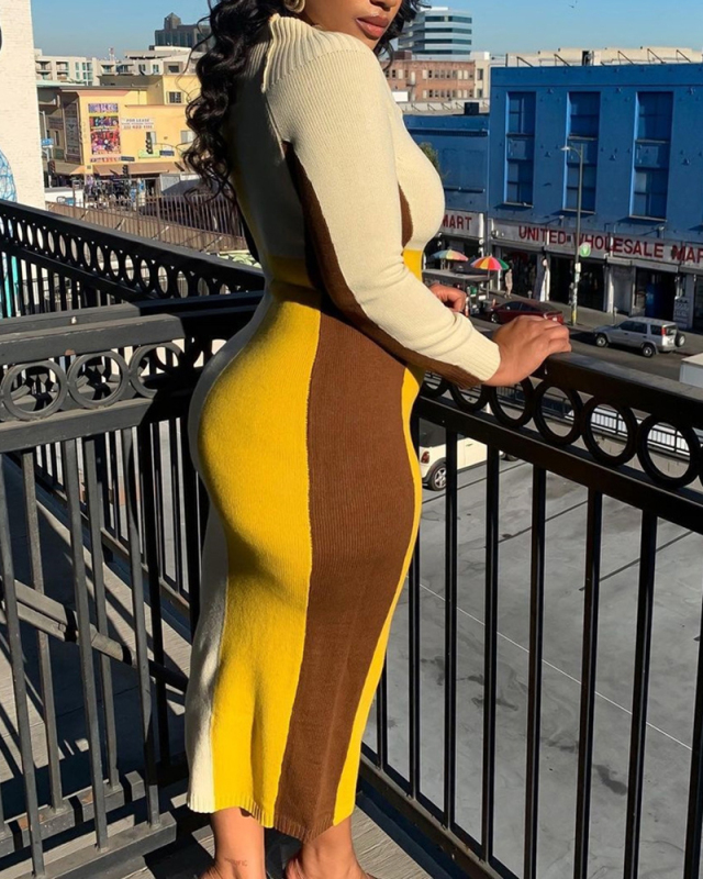Colorblock Sexy Slim Dress with Loose Collar Sheath Dress S-XL