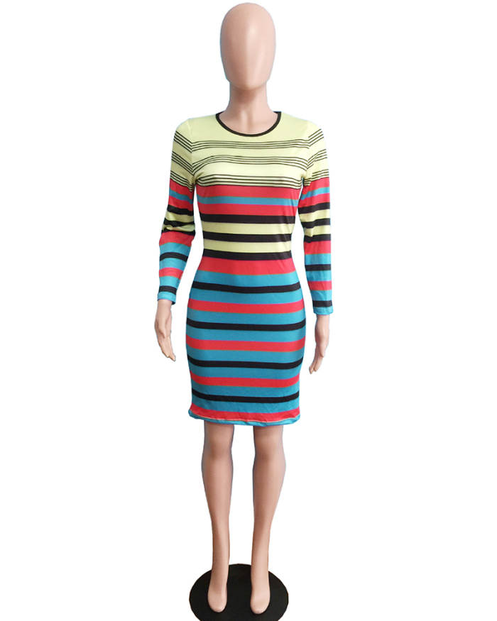 Sexy Colorful Horizontal Striped Dress Round Neck Casual Dress S-2XL
