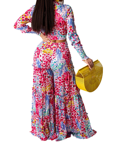 Lady Printing Plunge Deep V Casual Two Piece Set Yellow Red Blue S-2XL 