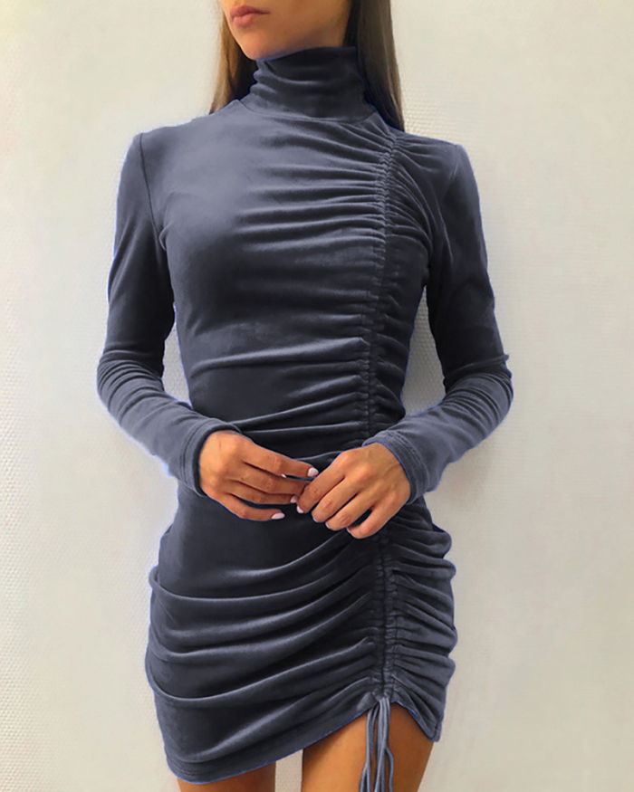 Ladies Fashion New Suede Drawstring Turtleneck Dress Solid Color S-XXXL