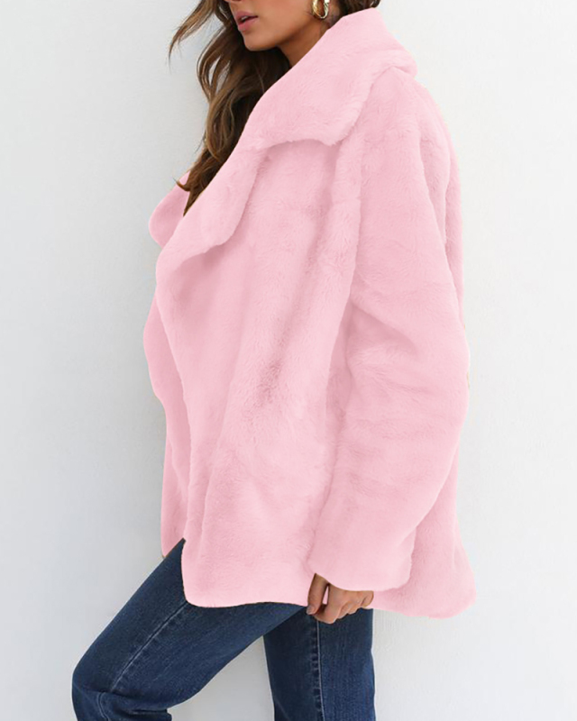 Ladies Fashion Autumn and Winter Sexy Plush Lapel Slim Jacket Solid Color S-3XL