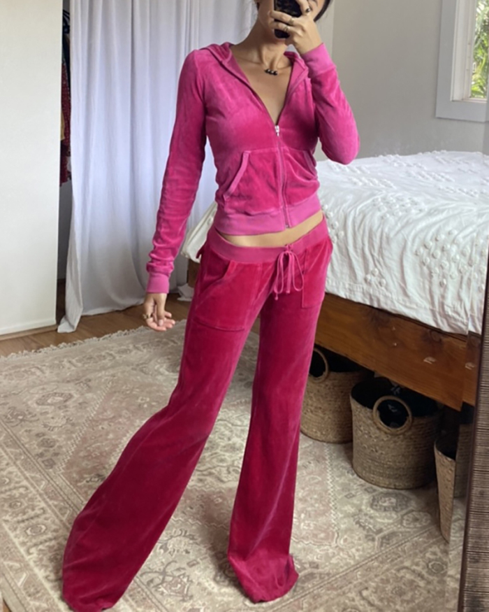 Women Sports Style Hoodies Zipper Long Sleeve Coat Slim Strappy Wide Leg Pants Army Green Pink S-L