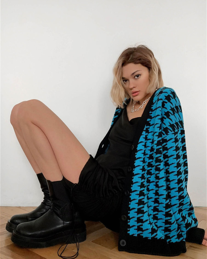 Casual Geometric England Style Sweater Woman V-Neck Long Sleeve Cardigan S-XL