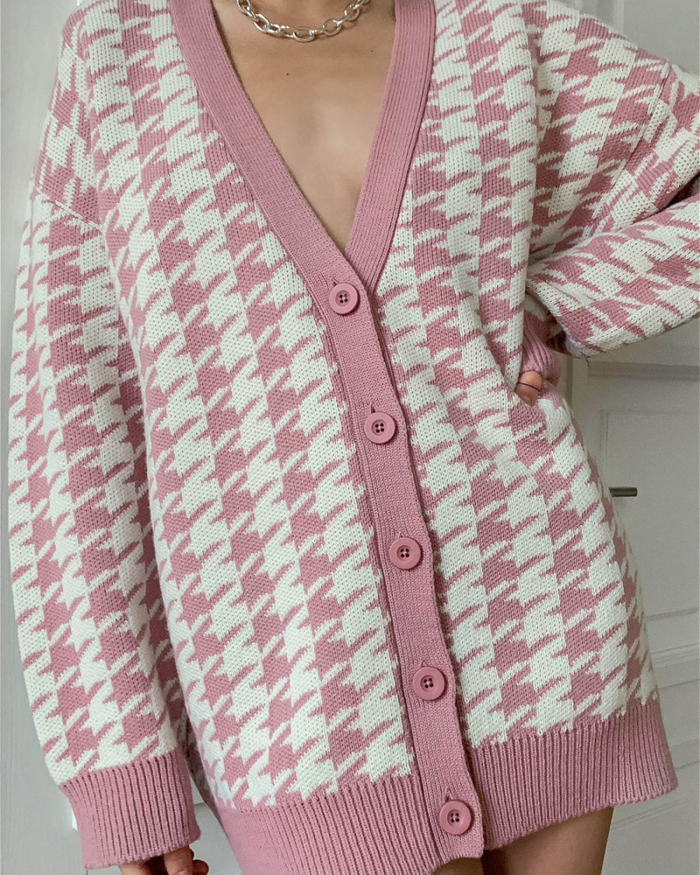 Casual Geometric England Style Sweater Woman V-Neck Long Sleeve Cardigan S-XL