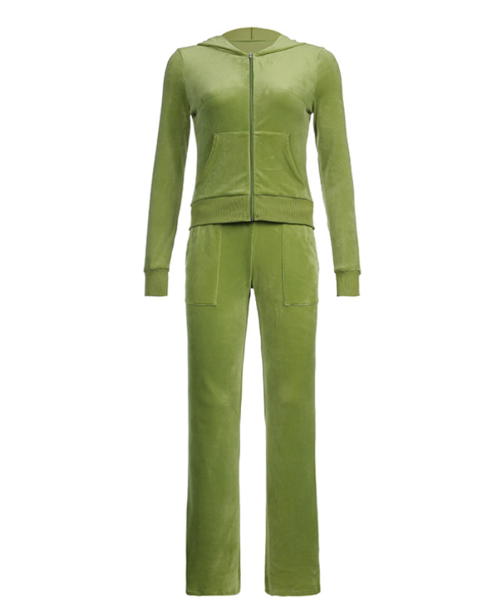 Women Sports Style Hoodies Zipper Long Sleeve Coat Slim Strappy Wide Leg Pants Army Green Pink S-L