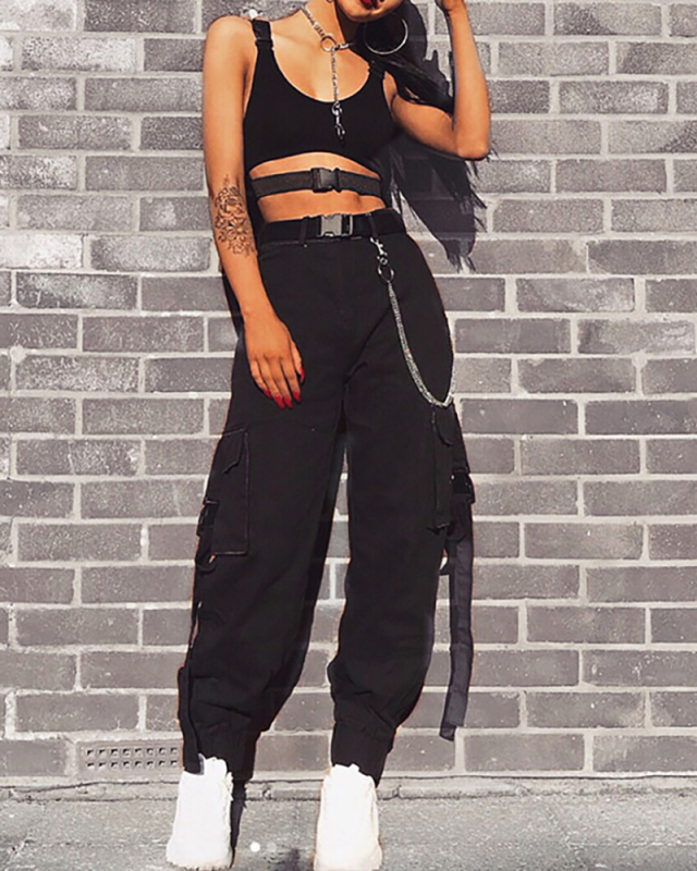 Ladies Fashion New Style Ribbon Schoolbag Buckle Casual Pants Women Harem Pants Overalls S-XL
