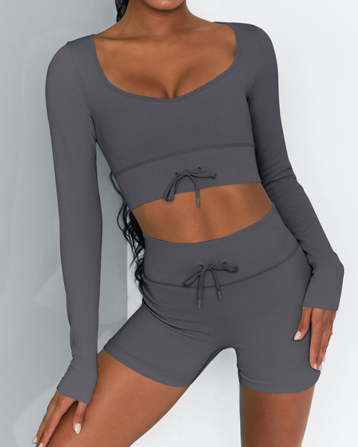 Ladies Fashion New Seamless Knitted Low-Cut Sexy Long-Sleeved Sports Fitness Two-Piece Suit Solid Color S-L