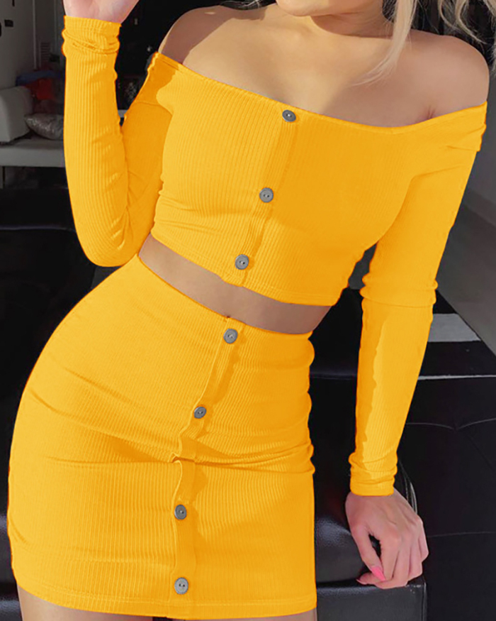 Ladies Fashion New Style Button One Shoulder Long Sleeve Short Skirt Two Piece Set Solid Color S-XXXL