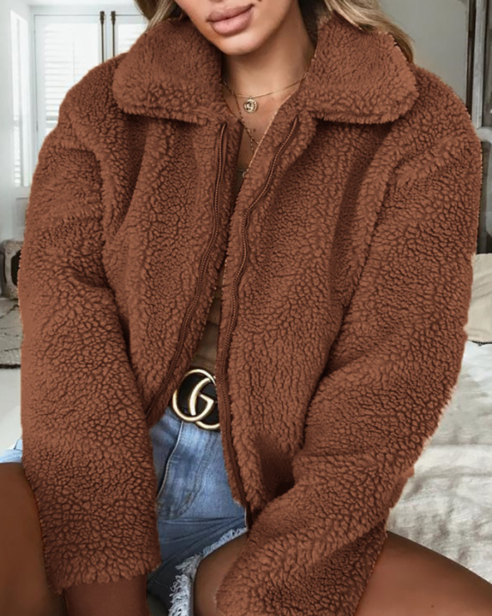 Women's Fashion Warm Velvet Jacket Top Solid Color S-3XL