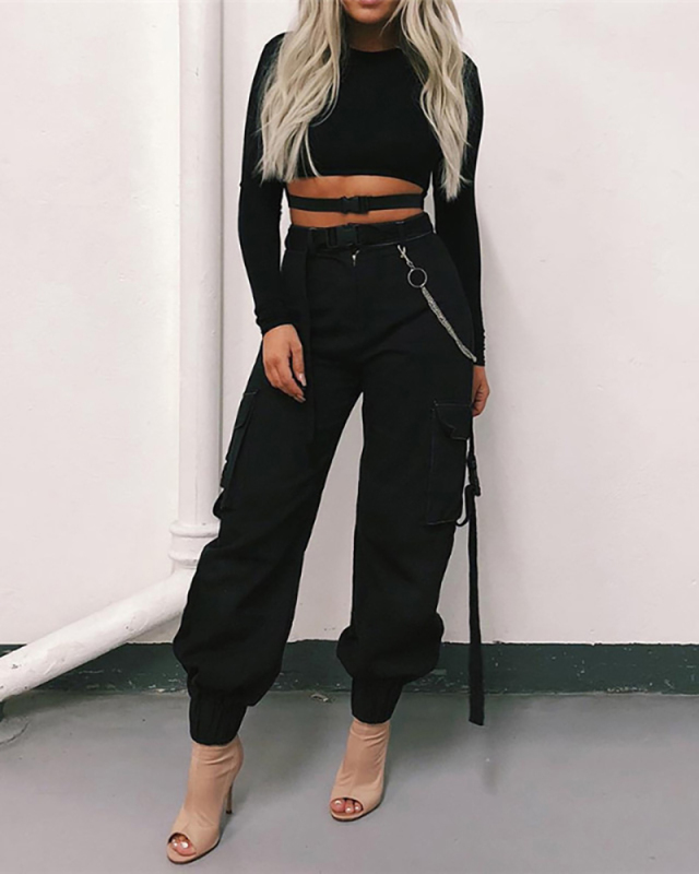 Ladies Fashion New Style Ribbon Schoolbag Buckle Casual Pants Women Harem Pants Overalls S-XL