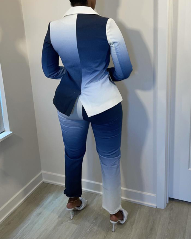Office Lady Retro Gradients Long Sleeve Suit Two Pieces Outfit Blue Green Wine Red S-2XL