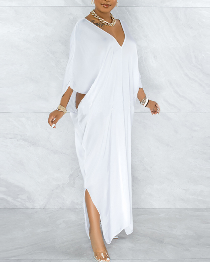 Women's Fashionable Sexy Slit Hem Bat Sleeve Dress Solid White S-XL