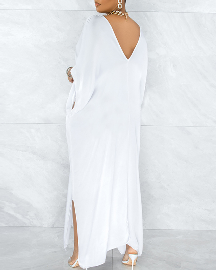 Women's Fashionable Sexy Slit Hem Bat Sleeve Dress Solid White S-XL