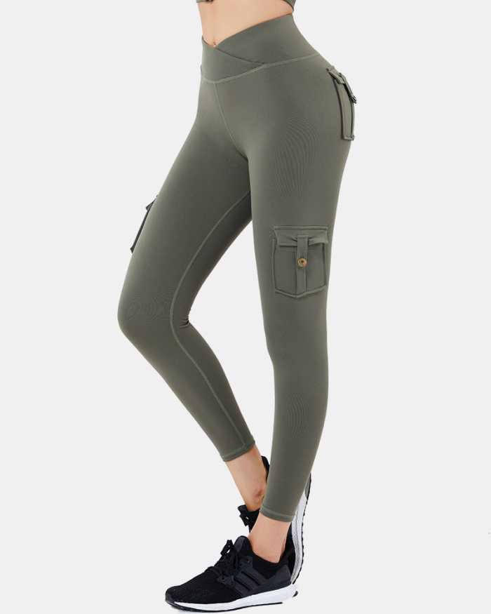 Ladies Fashion Pockets High Elasticity High Waist Buttocks Sexy Sports Fitness Yoga Pants Solid Color S-XL