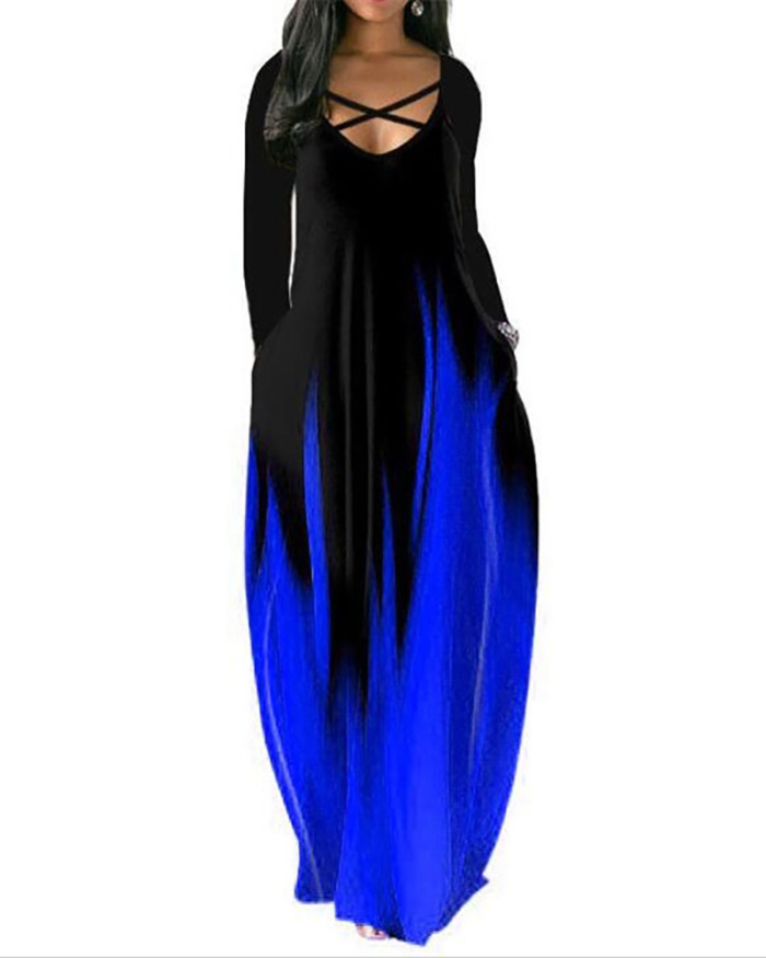 Top Sale Women Colorblock Long Sleeve Cross Criss Neck with Pocket Maxi Dresses Plus Size Dress S-5XL