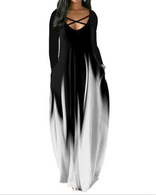 Top Sale Women Colorblock Long Sleeve Cross Criss Neck with Pocket Maxi Dresses Plus Size Dress S-5XL