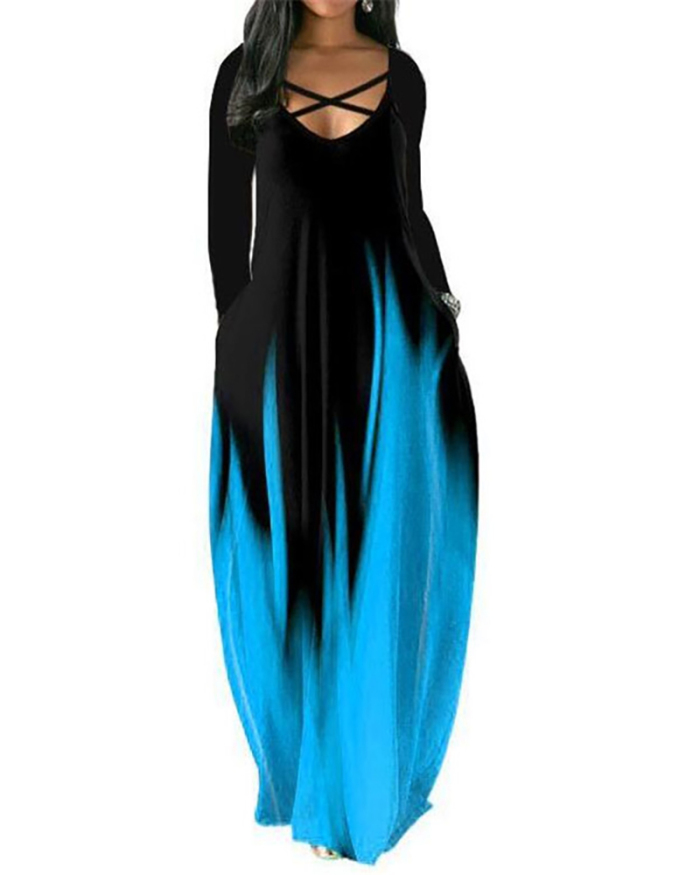 Top Sale Women Colorblock Long Sleeve Cross Criss Neck with Pocket Maxi Dresses Plus Size Dress S-5XL