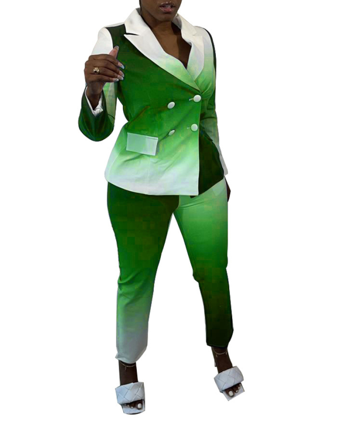 Office Lady Retro Gradients Long Sleeve Suit Two Pieces Outfit Blue Green Wine Red S-2XL