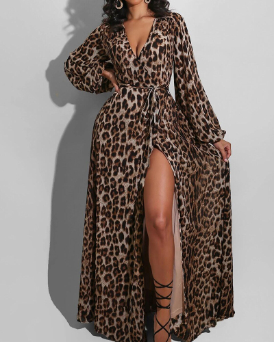 Ladies Fashion New Sexy Casual Leopard Print V-Neck Long Sleeves Slits Dress S-XXL